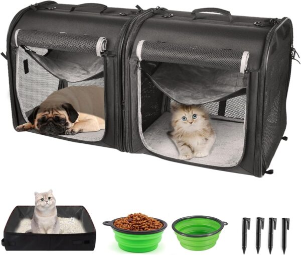 wakytu Portable 2-in-1 Pet Carrier for Medium Dogs Large Cat 2 Cats Travel Double Dog Crate Set with Carry Bag/Hammocks/Mats/Tent Stakes/2 Pcs Bowls Outdoor Camping, 2.0 Black