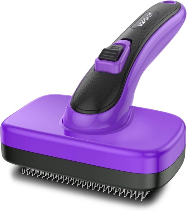 WOPQAEM Dogs Cats Self Cleaning Slicker Brush for Shedding & Grooming Any Breed of Pets, Removes Loose, Undercoat, Mats, Tangled Hair for Small Medium Large Animal With Long Short Fur Length, Purple