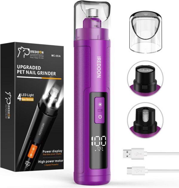 IREDOON Pet Dog Nail Grinder, Professional 3-Speed Mode Electric Rechargeable Pet Nail Trimmer Clipper with 4 LED Lights (Purple)