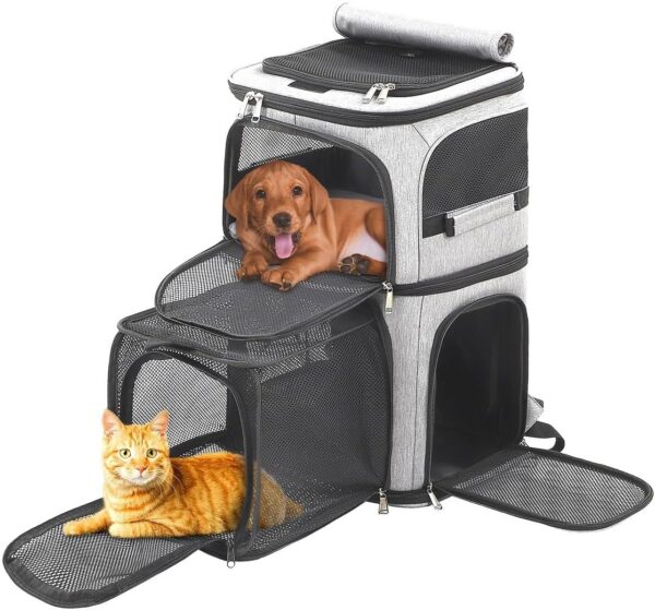 Expandable Cat Backpack Carrier for 2 Cats, Dog Backpack for 2 Small Pets Dogs, Expandable Cat Carrier for Large Cats Multiple Pets, 7 Windows, Built-in Frame Support Plate and Safety Straps, Foldable