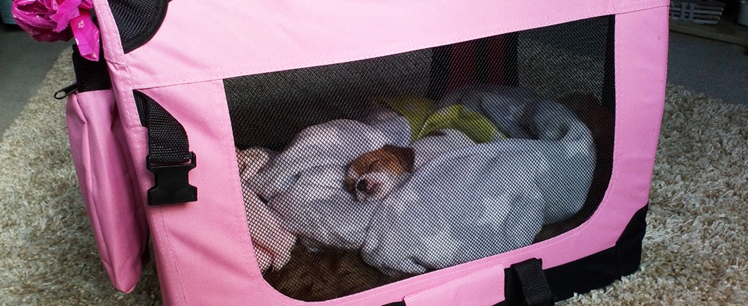 A puppy sleeping in a blanket in a pink HugglePets fabric crate.