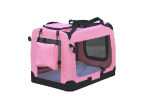 A pink HugglePets fabric crate.