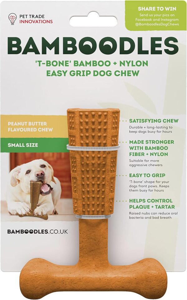 Bamboodles T-Bone Chew Toy for Dogs - Small 4" Peanut Butter Flavour, for All Breed Sizes