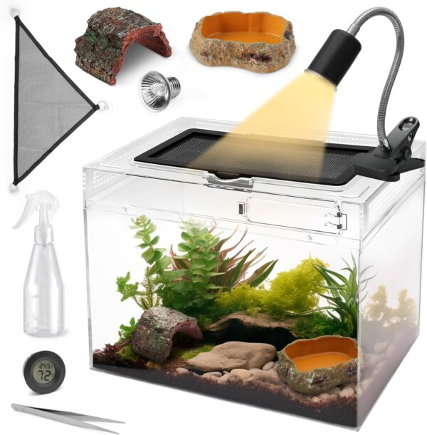 AZV Reptile Terrarium Enclosure, 19.5" x 9.4"x 10.5" Reptile Tank with Bearded Dragon Lizard Hammock, UVA & UVB Heat Lamp, Hide Cave for Snake, Turtle, Frog, Geckos, Chameleons, Spider, Cricket