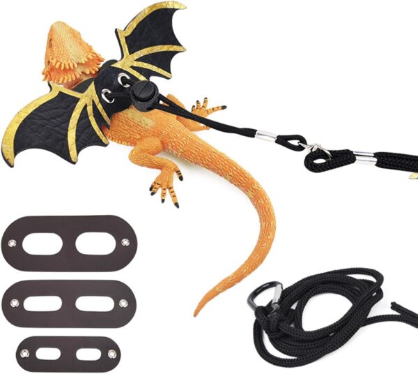 Adjustable Lizard Leash, 3 Sizes Reptile Leather Harness Bearded Dragon Rope with Bat Wings for Lizard Reptiles Amphibians Small Animal (YELLOW)