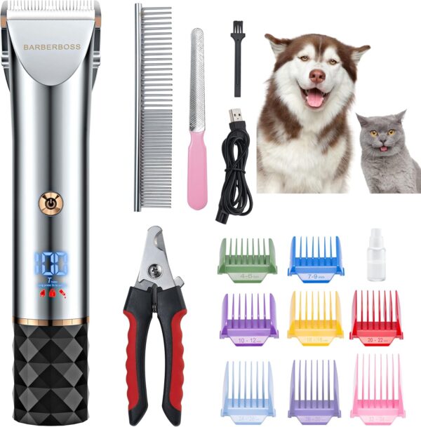 BarberBoss Professional Dog Grooming Kit - Low Noise Pet Clipper with 2 Speed Settings, Ceramic Blades, USB Charging, LED Display and 8 Comb Attachments, QR-9081