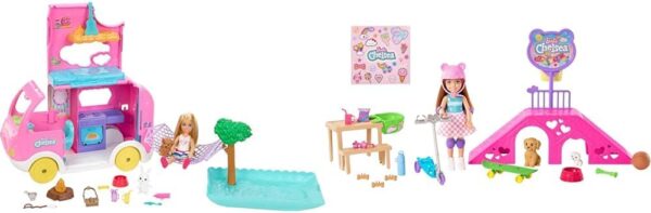 Barbie Camper, Chelsea 2-in-1 Playset with Small Doll, 2 Pets & 15 Accessories, Vehicle Transforms & Toys, Chelsea Doll and Accessories, Skatepark Playset with 2 Puppies, Skate Ramp, Scooter