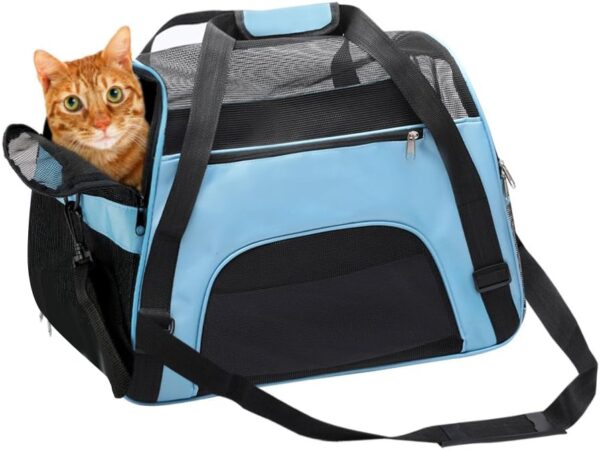 DONYER POWER Soft Sided Pet Carrier for Cats Comfort Airline Approved Under Seat Travel Tote Bag, with Mesh Top and Sides, BLUE