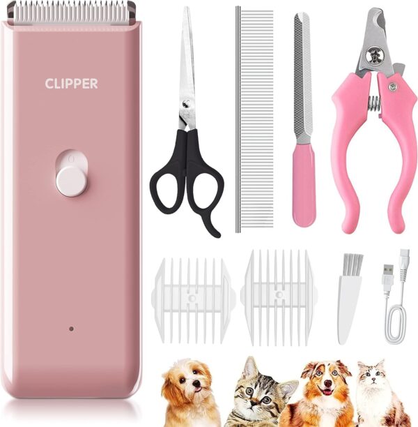 Favrison Dog Grooming Kit Pet Cat Hair Clippers,Waterproof Dog Hair Trimmer with Nail Clipper, Professional Cat Grooming Tools for Thick Coat Clippers, Cordless Dog Clippers Low Noise (Pink)