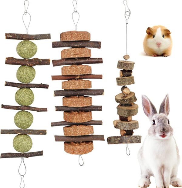 Hioph Guinea Pig Toys, 3Pcs Rabbit Chew Apple Sticks Strings, Wooden Pet Rabbit Treats, Hamster Boredom Breaker Chew Toys for Bunny, Chinchilla, Rat, Gerbil and Small Animal