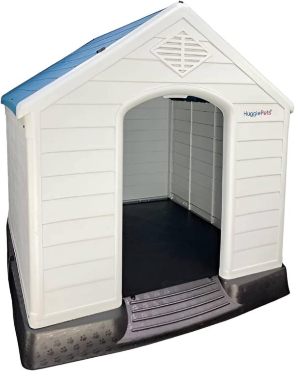 HugglePets Raised Plastic Dog Kennel XL Easy Clean Outdoor Pet House Weatherproof Durable Shelter (Blue Roof)