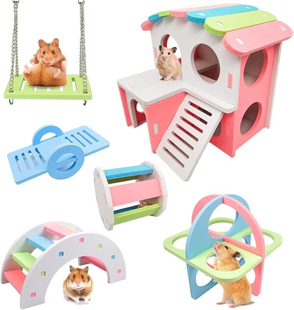 LLGLEU 6 Pieces Hamster Play Toys Set, Including House, Rainbow Bridge, Hanging Swing, Seesaw, Running Wheel and Exercise Fitness Accessories for Small Pets DIY Cage Accessories, Blue