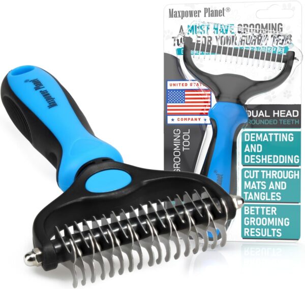 Maxpower Planet Dog Brush - Reduce Shedding by 95% - Double Sided Deshedding Dematting Tool - Undercoat Rake Dog, Cat Brush - Dog Brushes Shedding Hair - Dog Grooming Brush - Cat Grooming Brush, Blue