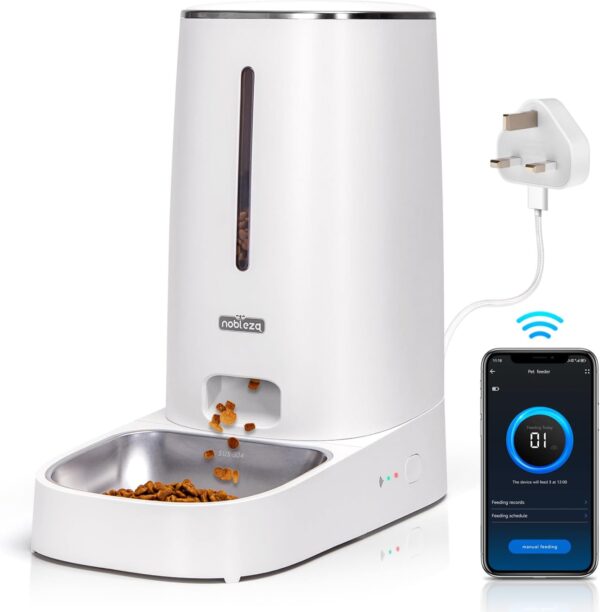 Nobleza 4L Automatic Cat Feeder, APP Control, 2.4G WiFi Smart Dry Food Dispenser with Stainless Steel Bowl, 10s Voice Recorder, Battery Operated, Portion Ccontrol, 1-10 Meals per Day.