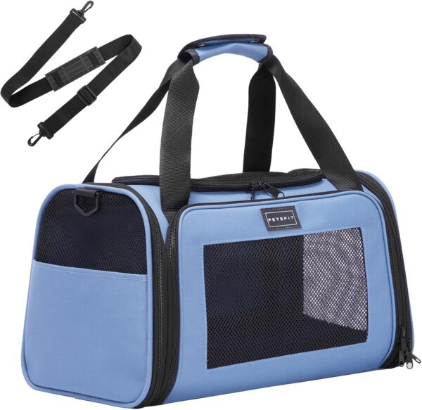 PETSFIT Cat Carrier Large with Extendable Fleece Pet Mat, Soft Cat Carrier Airline Approved with Safety Leash for Pets Up to 12 Lbs (44 * 26.5 * 27CM, Blue)