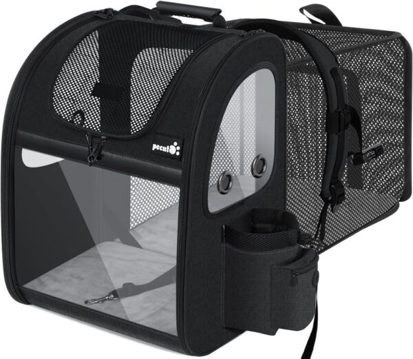 Pecute Pet Carrier Backpack Expandable,Portable Breathable Rucksack with Mesh Opening-Visible Acrylic-Safety Belt-Pockets, Extendable Back More Space Great For Carrying Puppy Cats (Black)