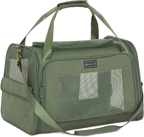 Petsfit Dog Carrier Soft Sided Travel Carrier, Large Pet Carriers with Quadrangle Oxford Fabric and Ventilation Mesh，Portable Dog Bag with Expandable mat and Upgraded Large Space, Olive Green