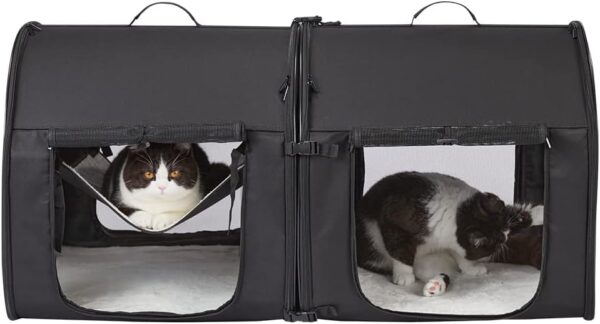 Portable 2-in-1 Double Cat Carrier Bag, Soft-Sided Pet Kennel, Twin Compartment Show House Cat Crate,Collapsible Comfy Large Cat Home&Travel Medium Dog Carrier with Carry Bag/Hammock/Mats for All Pets