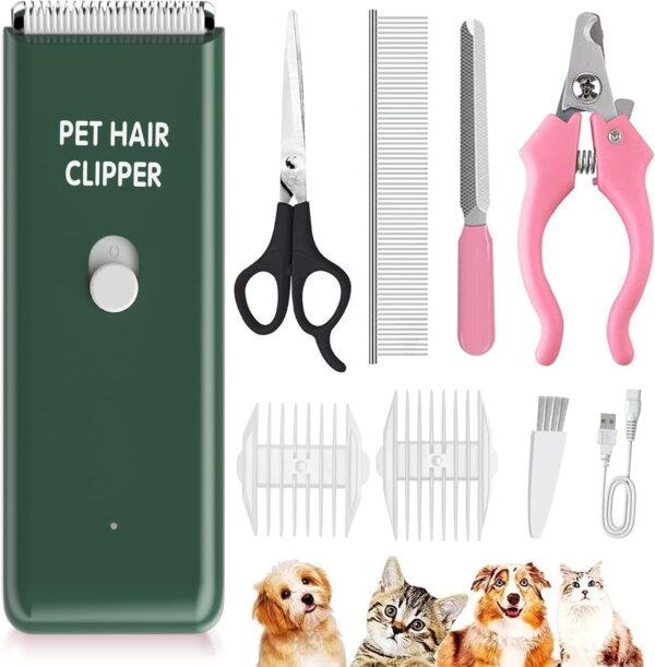 Professional Cat Grooming Kit-Dog Clipper Set for Pet Hairs, Waterproof Pet Clippers Grooming Kit Rechargeable Pet Hair Clippers Shavers Set for Puppy, Rabbits, Cats,Green