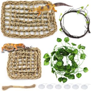 QUOZUO Bearded Dragon Hammock Reptile Hide decor, 2 Reptile Hammock with Climbing Vines Reptile Terrarium Hanging Plants Artificial Leaves for Chameleon, Lizards, Leopard Gecko Tank Accessories