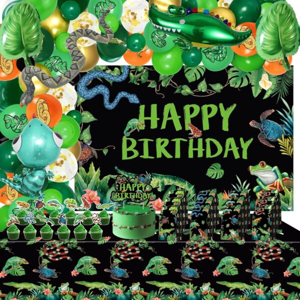 Reptile Birthday Party Supplies, Including Includes Happy Birthday Backdrop, Balloons, Cake Topper, Gift Bags, Tablecloth, for Kids Boys Birthday Jungle Party Decor (Backdrop)