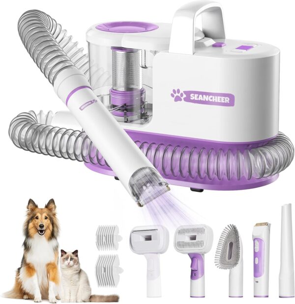 SEANCHEER Dog Grooming Vacuum for Shedding Dog Grooming Kit, Dog Clippers for Grooming Brush for Dogs Trimmer with 5 Pet Grooming Tools Low Noise Hair Remover Pet Cat Grooming Supplies-2023(Purple)