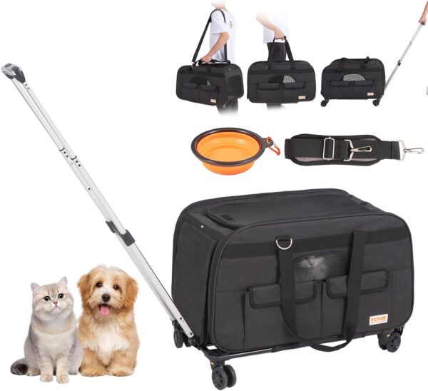 VEVOR Cat Carrier with Wheels, Rolling Pet Carrier with Telescopic Handle and Shoulder Strap, Dog Carrier with Wheels for Pets under 35 lbs, with 1 Folding Bowl, Black