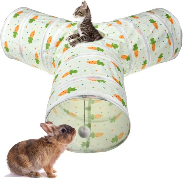 Vehomy Cat Tunnel Bunny Rabbit Kitten 3 Way Collapsible Tunnel with Cute Carrot Patterns Small Pet Hideout Activity Tunnel Tube Toy for Rabbit Cat Bunny Kitten Dwarf Guinea Pig Y Shape