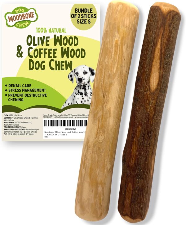 Woodbone Olive Wood and Coffee Wood Dog Chew Stick for Small Dogs - Natural Dental Chewing Toy - Bundle of 2 Size S