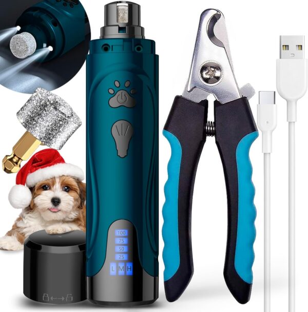 YABIFE Dog Nail Grinder with Nail Clipper, Dog Nail Trimmers Kit, Super Quiet Electric Pet Nail Grinder, Rechargeable, for Small Large Dogs & Cats Toenail & Claw Grooming,3 Speeds, 2 Grinding Wheels