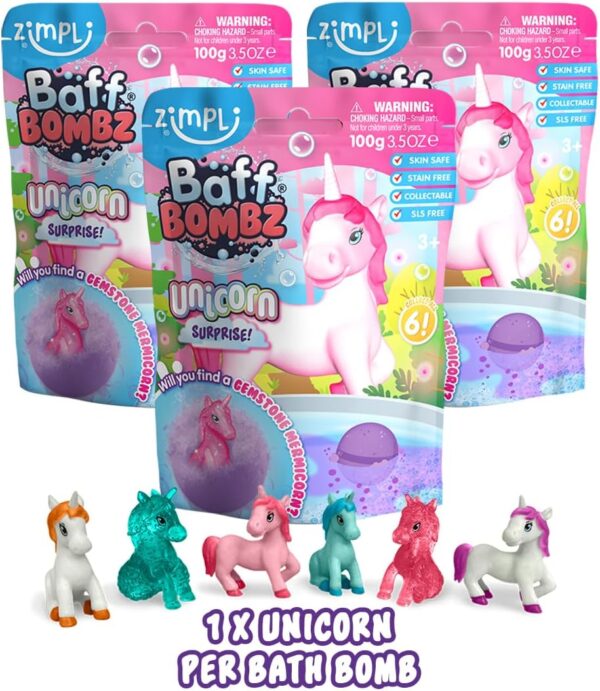 Zimpli Kids 3 x Large Unicorn Surprise Bath Bombs, 6 Surprise Unicorn Toys to Collect in Total, One Per Bath Bomb, Mystery Gift for Children, Xmas Stocking Fillers, Fizzing Bath Bomb Gift Set