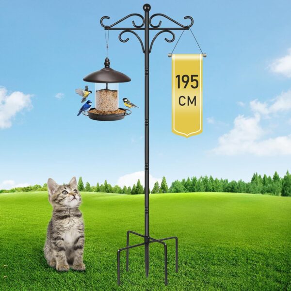 Bird Feeder Pole Stand, 195cm Approx.2m Adjustable Feeding Station Hanging with 2 Hook, Heavy Duty Freestanding Double Shepherd Crook for Outdoor Garden Light Lantern Plant Metal Hanger, Black