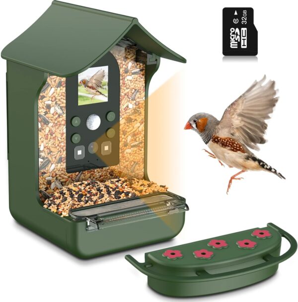 Cozion Smart Bird Feeder with Camera, 1080P Bird Feeders Camera, Auto Capture Photo&Video, Night Vision Bird Camera and Built-in Microphone with Hummingbird Feeder, PIR Motion Sense Birds Green-32GB