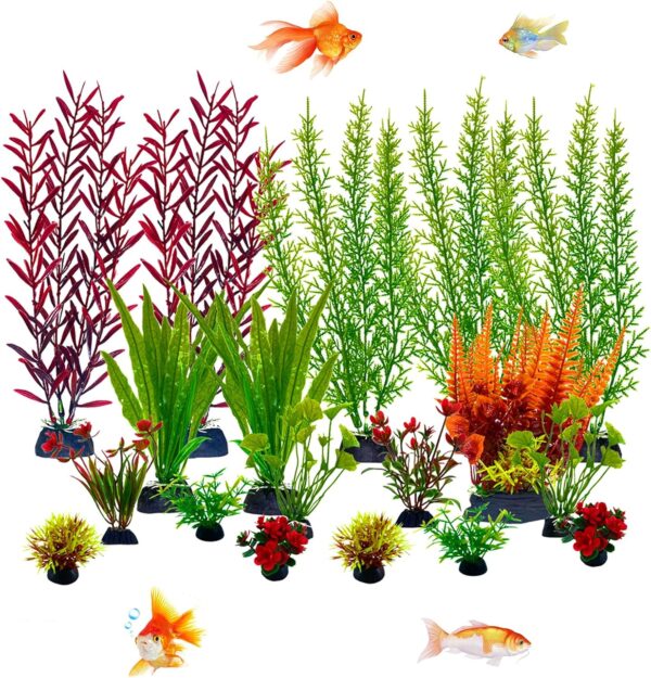 Omevett 18Pcs Aquarium Plants Artificial Tropical Fish Tank Plants Plastic Aquarium Plants Fish Tank Decor, Landscape Safe for All Fish, Small to Large, for Household and Office Aquarium Simulation