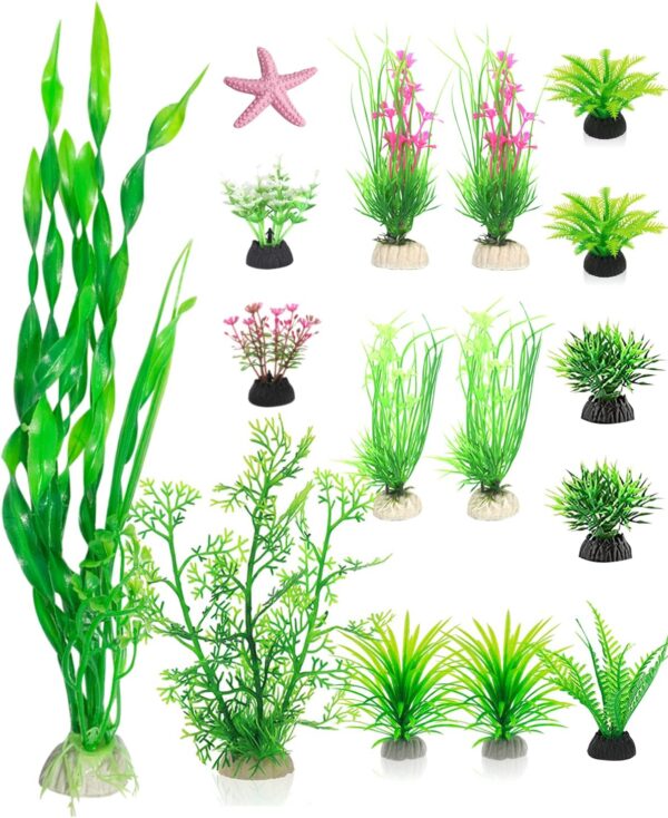 QZQ Artificial Aquarium Plants 16 Pack Fish Tank Decoration Plants with Ornament, Artificial Aquatic Plants Set Use for Fish Tanks Aquarium Decorations