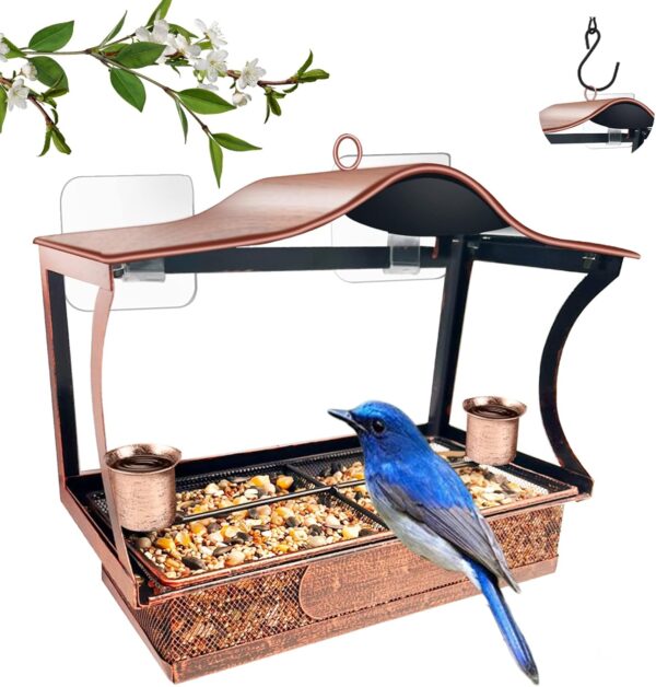 Window Bird Feeder, Metal Window Bird Feeder with Strong Suction Cups, Bird Feeders for Small Birds, Removable Tray with 2 Water Cups, Easy Clean and Fill