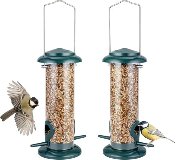 iBorn Metal Bird Feeders Hanging Bird Feeder For Small Birds for Garden Outdoors,Set of 2 Seed Feeder All Metal Painted Rust-resistant, Green