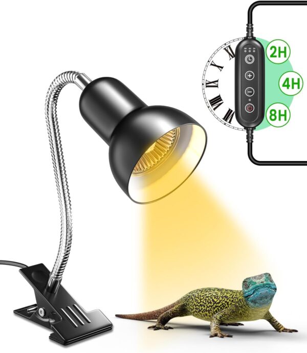 GlowUp Heat Lamp for Tortoise, Reptile Heat Spotlight with Timer, Dimmable Reptile Heat Lamp with Clip, E27 Tortoise Heat Lamp with BS Plug,Vivarium Heat Lamp for Torise, AC220-240V(Without Bulb)