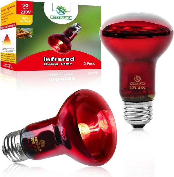 REPTI HOME Reptile Heat Lamp Bulb, Infrared Heat Lamp for Reptile 50W 2Pack, Basking Spot Red Heat Light for Lizards,Turtles,Chicks,Puppies