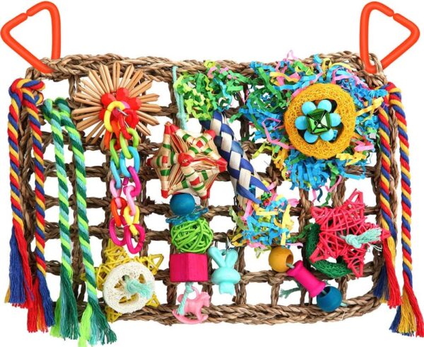 Bird Toys Cockatiel Toys Bird Foraging Toys for Parakeets Conures Lovebirds Bird Foraging Wall with Colorful Toys for Birds Shredding Seagrass