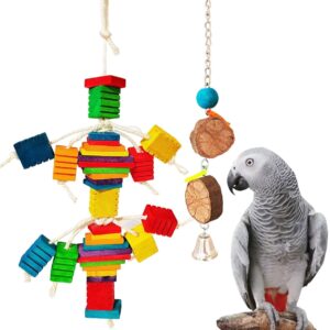 Budgie Toys Parrot Toys Hanging Pieces, Bird Chewing Toys Colorful Wooden Blocks Multi-layer, Cockatiel Toys With Unique Groove for African Grey Small Medium Parrot Decorative Bird Cage