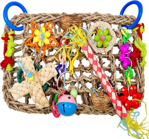 Parrot Toys BudgieToys and Accessories, Bird Toys Foraging Wall with Various Colorful Cockatiel Chewing Toys, Edible Seagrass Woven Climbing Hammock Mat for African Grey Parakeets Conures Lovebirds