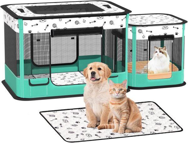 DESELL Foldable Pet Playpen, 2 Pack Cat Dog Playpen XXL Divisible Small Cat Puppy Pen Cage for Indoor, Outdoor Dog Tent Crates Kennel with Washable Pee Pad, Removable Zipper Top (140 * 60 * 55cm)