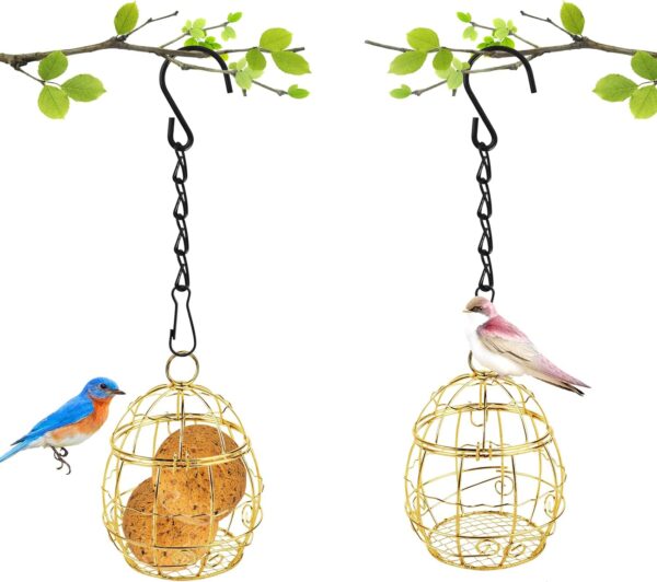 Boisbresil 2Pcs Hanging Metal Small Bird Feeder Fat Ball Feeders Hanging Suet Holders for Fat Balls Metal Ball Feeder with 2 S-shaped hooks for Garden Wildlife Birds Finch Sparrow Robin