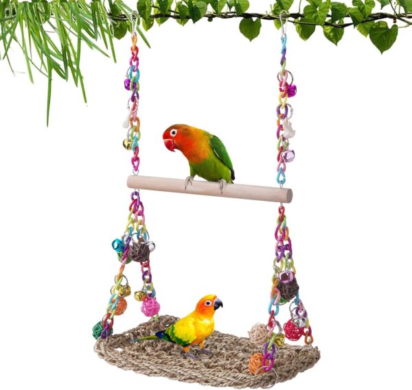 FrgKbTm Bird Swing Toys with Wood Perch, Seagrass Woven Parrot Platform Bird Climbing Hanging Hammock Bird Perch Stand Chewing Toy for Parakeets,Budgie, Conure, Cockatiel,Lovebird