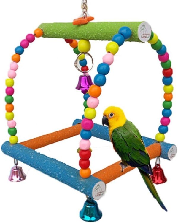 Hypeety Colorful Wooden Swing Bird Toy for Parrot Macaw African Greys Budgies Cockatoo Parakeet Cockatiel Conure Lovebirds Finch Cage Perch Toy Paw Grinding Ladder (L)