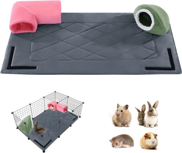 MABOZOO Guinea Pig Cage Liner, Reusable Pet Bed Mat with Removable Guinea Pig House & Tunnel for Cage, Guinea Pig Bedding Guinea Pig Mat with Waterproof Bottom for Small Animals 48" x 24"(Grey)