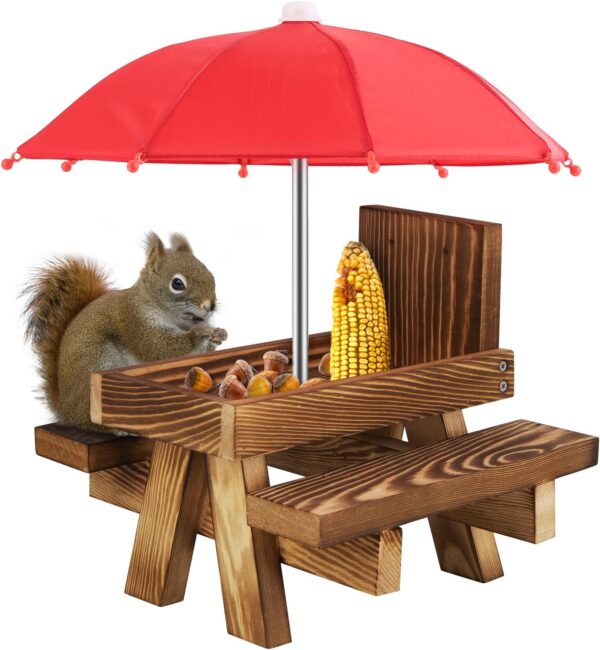 Squirrel Feeder Picnic Table with An Umbrella Bird Feeders Hanging Station for Animals Outdoor Garden Wooden Squirrel Feeder Funny Squirrel Feeding Table for Nuts, Peanuts, Seeds 21x18x18cm