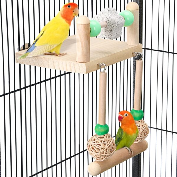 TeTupGa Bird Perches Toy with Swing, Natural Wooden Bird Cage Platform Stands with Parrot Beak Grinding Stone Chewing Toys for Parakeet Cockatiel Conure Lovebird Budgies