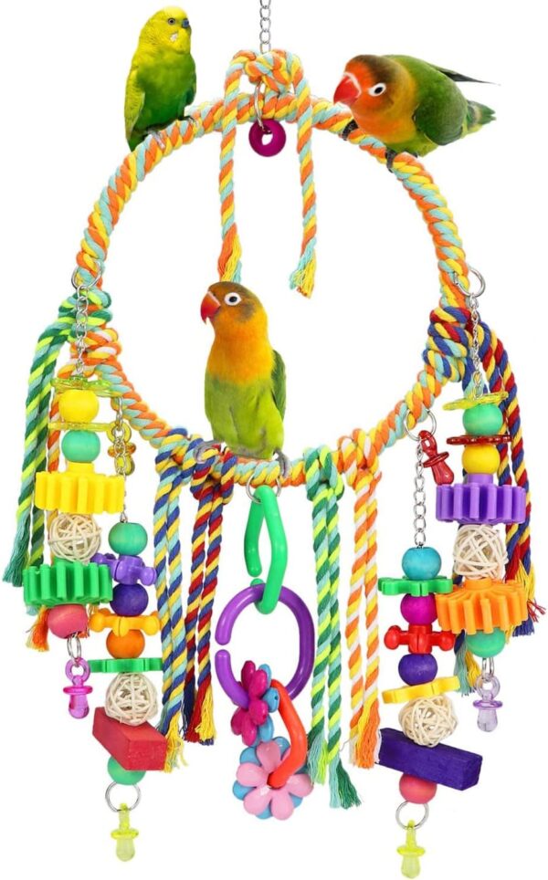 TeTupGa Bird Toy,Bird Swing Toys Hanging Cotton Rope Rings Parrot Perch with Colorful Chewing Toys for Cockatiel, Lovebirds, Finches, Parakeets, Conure and Small Birds